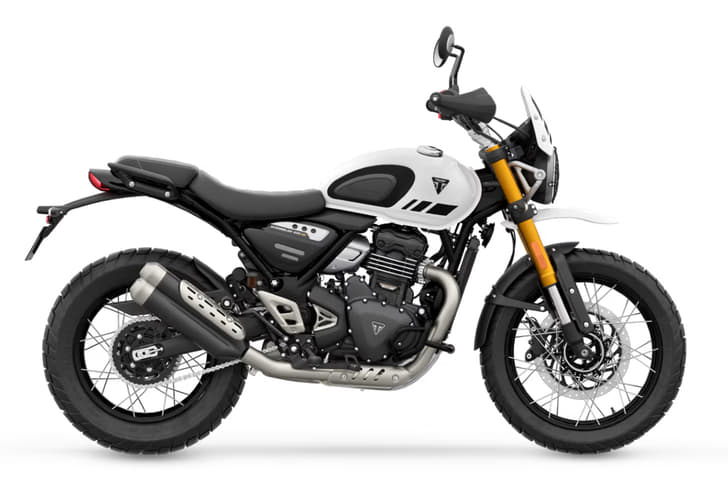 Triumph Scrambler 400 XC white colour right side profile static in studio
